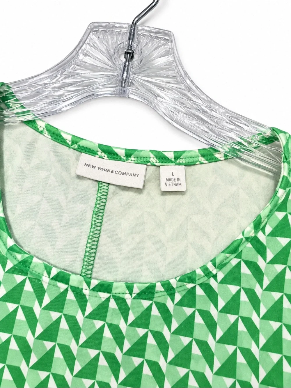 New York & Company Green Geometric Fit & Flare Dress Size L